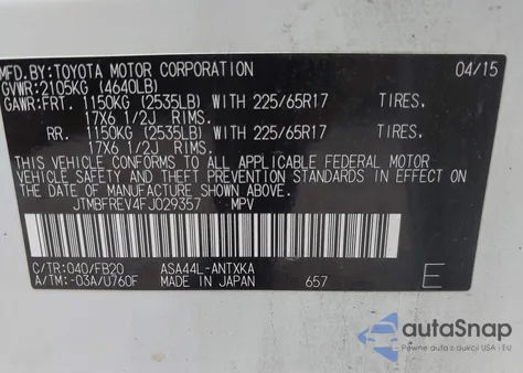 2015 Toyota Rav4 Le z USA, uszkodzony, nr VIN JTMBFREV4FJ029357